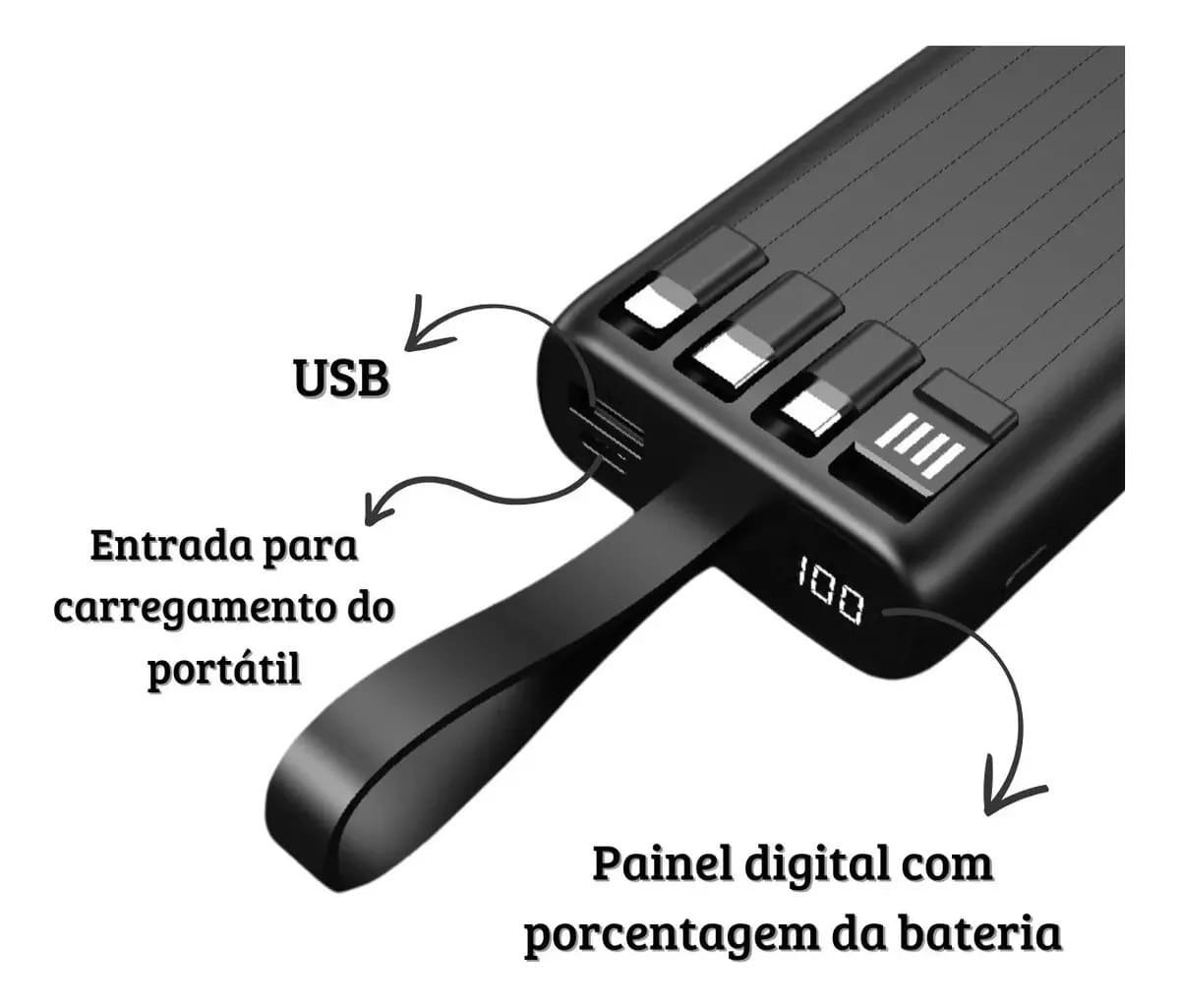 Carregador Portátil 20000mah Power Bank 4 em1 Bateria Externa Móvel