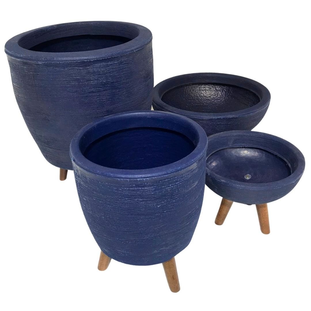 Kit 4 Vasos Para Plantas E Decoração Tripé De Madeira Azul