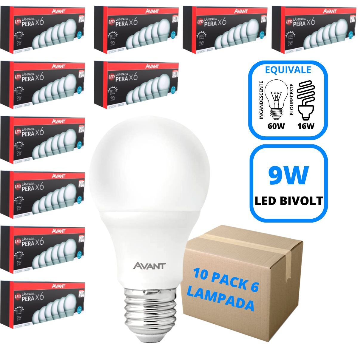 Kit 10 Pack 6 Lâmpada Led 9W Luz Branca 6500k Bivolt E27 Avant