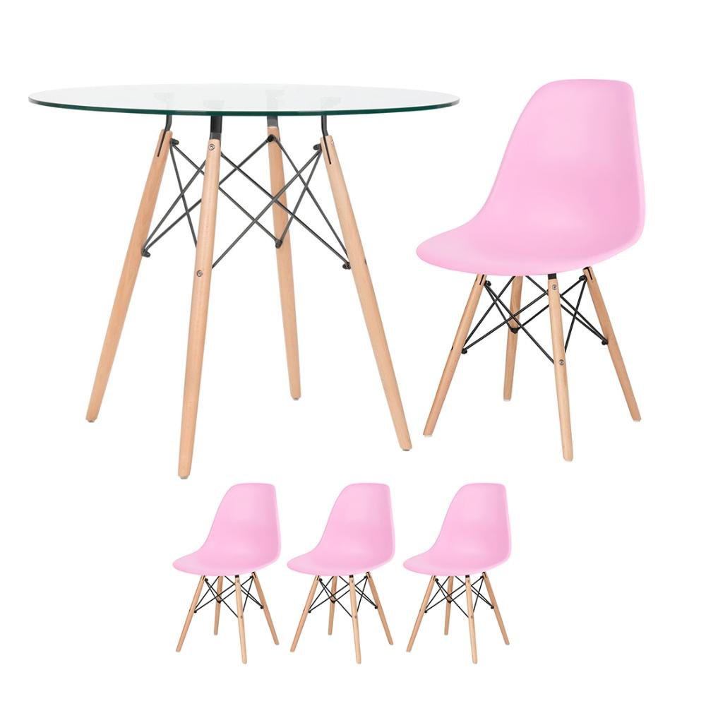 Kit Mesa Eames Tampo De Vidro Cm Cadeiras Eiffel Dsw Rosa