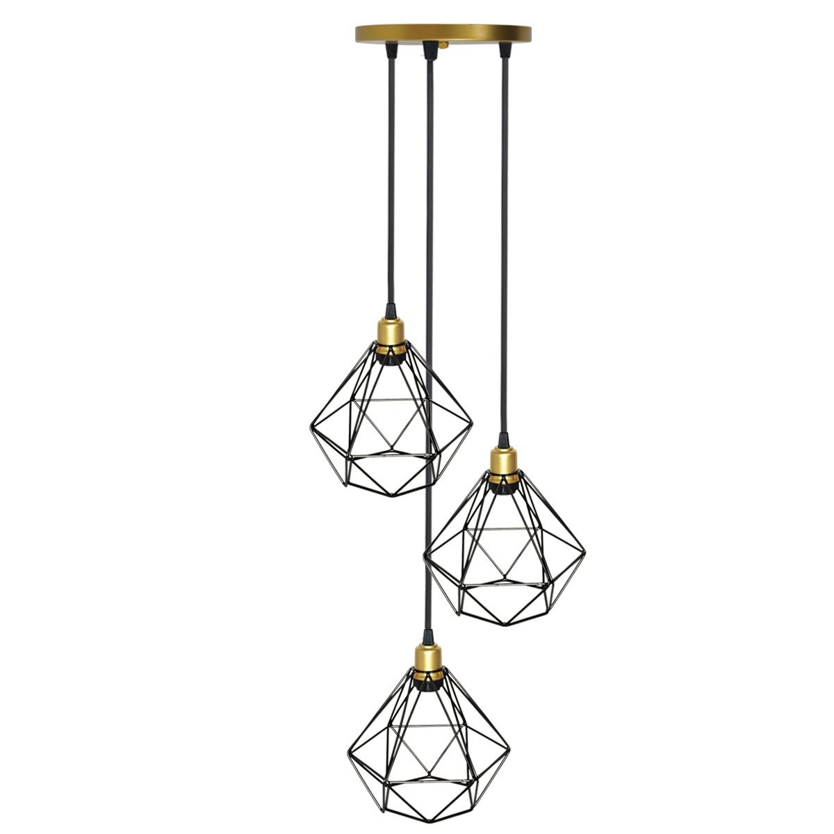 Lustre Pendente Aramado Triplo Diamante Dourado preto Cabo Regulável