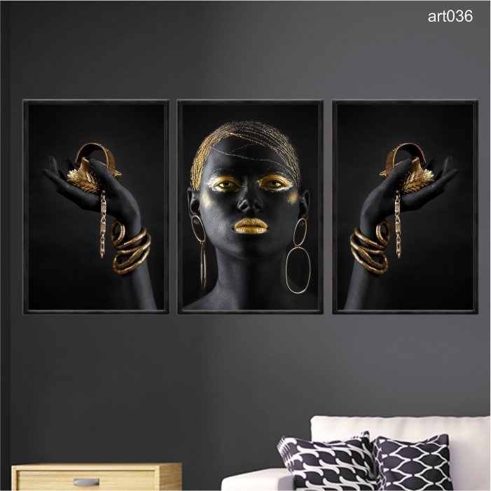 Kit Quadros Decorativos Impressao U V Em Vidro Mulher Dourada