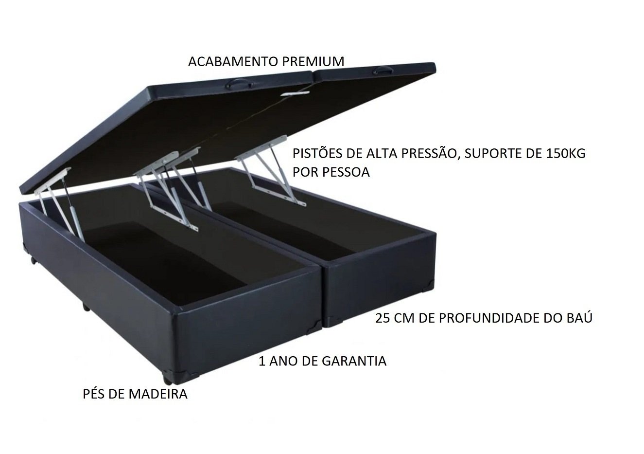 Cama Box Baú King Size Bi Partida 193x203x42 Suede Preto Omega