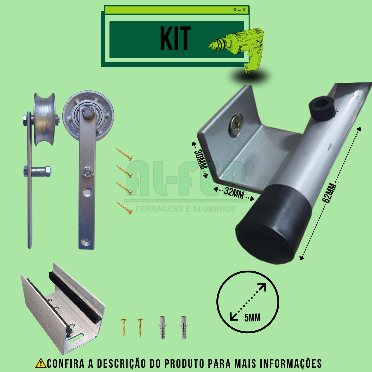 Kit Para Porta Celeiro Tubular Roldana Aparente Trilho Prata 3m