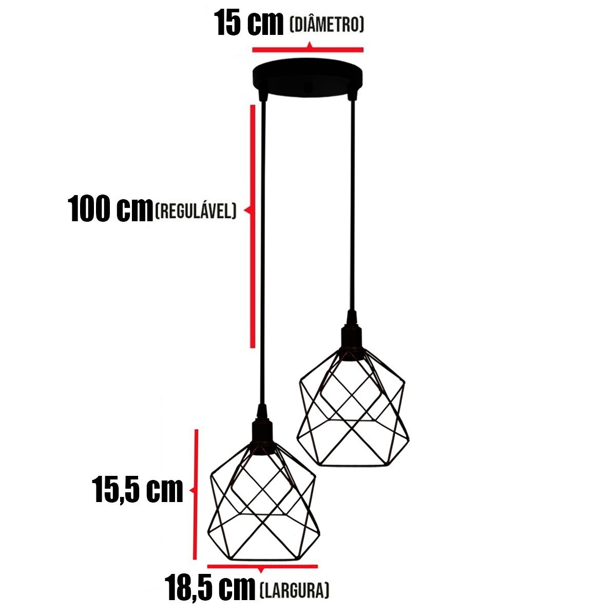 Lustre Pendente Aramado Duplo Cálice Preto Cabo Regulável Luminária Agp