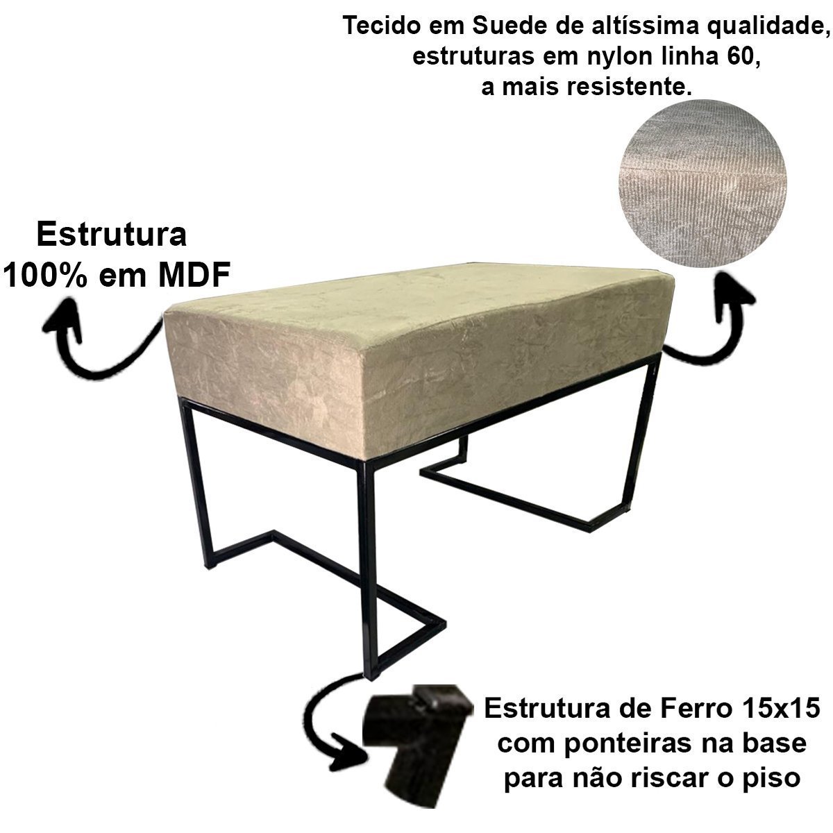 Banqueta Retangular Bari Tecido Suede Bege P Preto Madeiramadeira