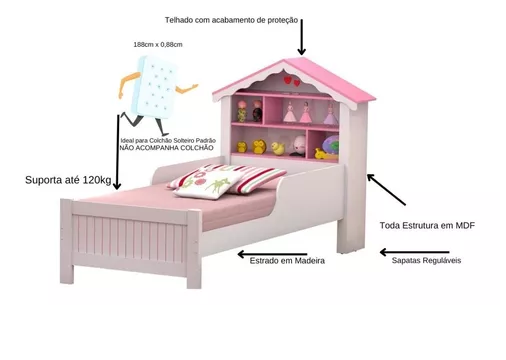 Cama Solteiro Cabeceira Casinha Princesa Prateleiras Menina