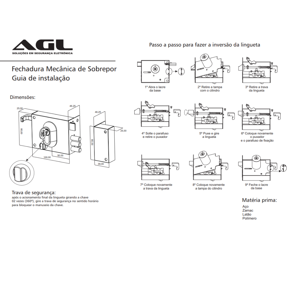 Fechadura Mecânica Sobrepor Agl 35mm Chave Simples Reversão