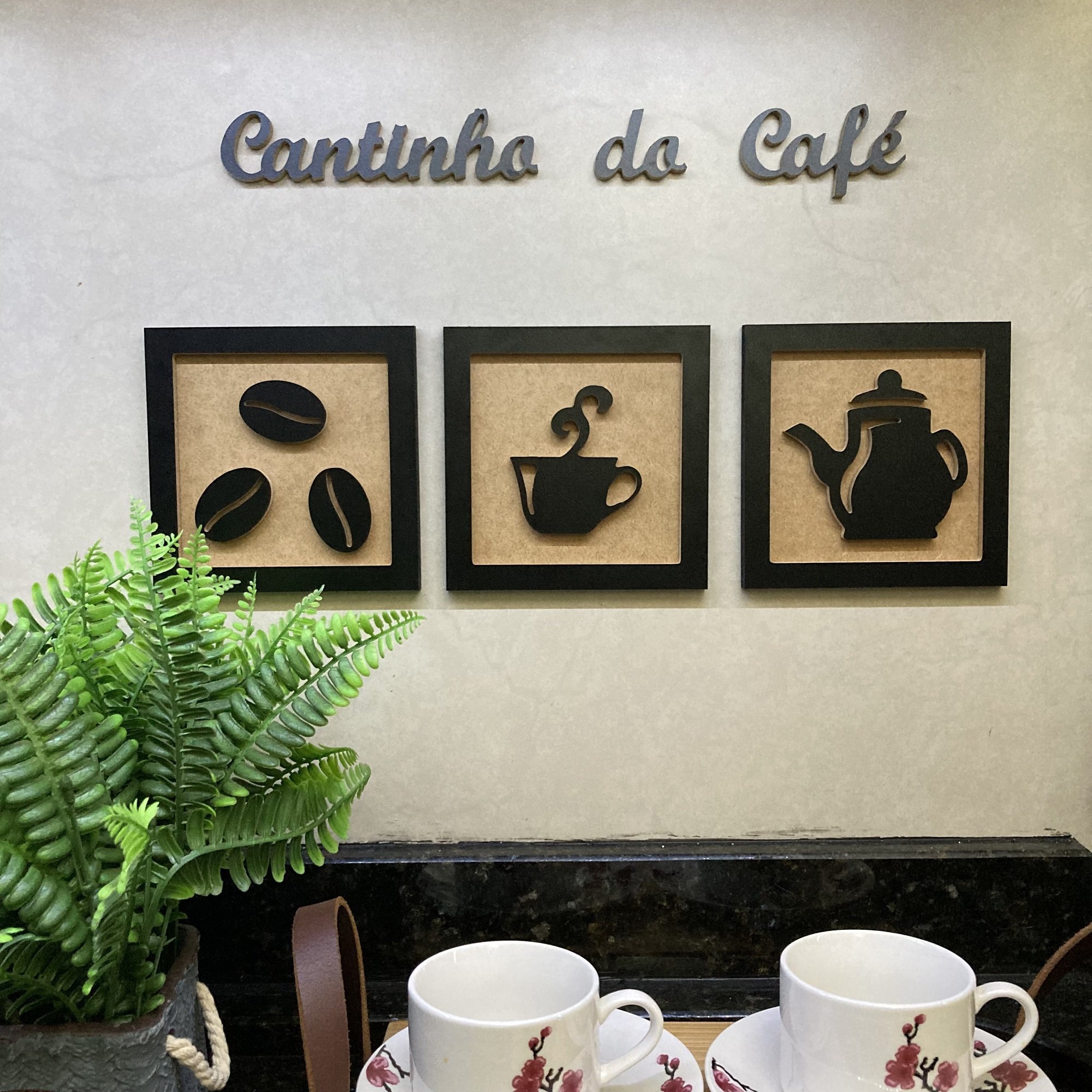 Kit Quadros Decorativos Cantinho Do Caf Frase D Relevo Preto E