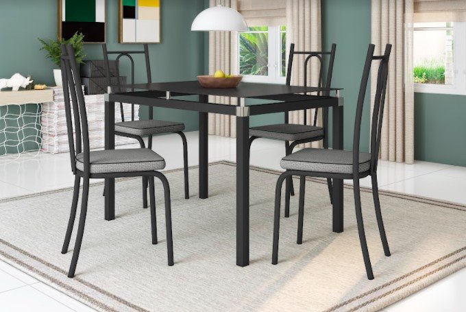 Conjunto De Mesa Malva Preto 4 Lugares Tampo De Vidro MadeiraMadeira