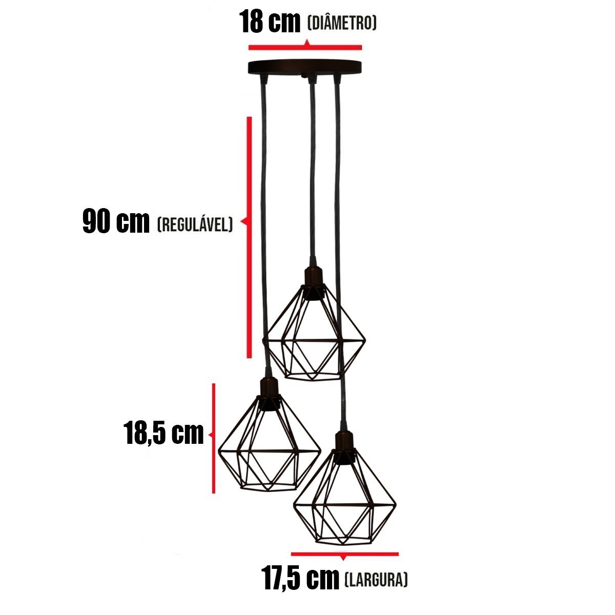 Lustre Pendente Aramado Triplo Diamante Cabo Cristal Regul Vel