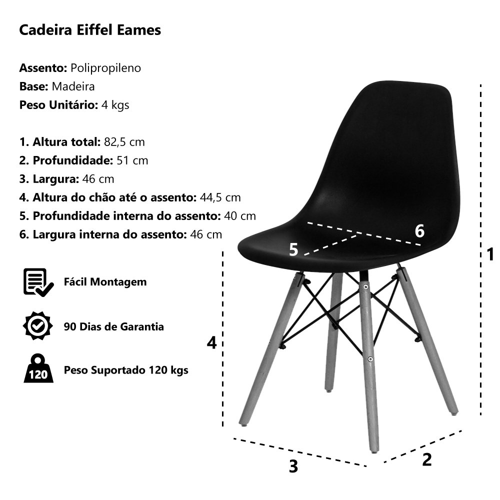 Kit 4 Cadeiras Charles Eames Eiffel Wood Base Madeira - Preta PROLAR - 6