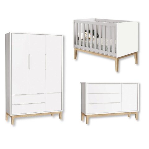 Jogo de Quarto Bebê Completo 3 Portas Classic Branco Pés Madeira Natural