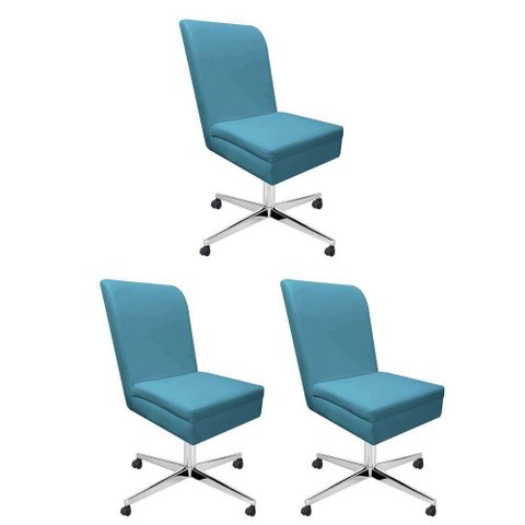 Kit 03 Cadeira Ana Giratória Metal Com Rodízio Suede Azul Turquesa E Corino Vinho