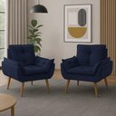 Ver imagem 2 de Kit 2 Poltronas para Sala Decorativa Opala Pés Madeira Suede Azul Marinho Império Decor