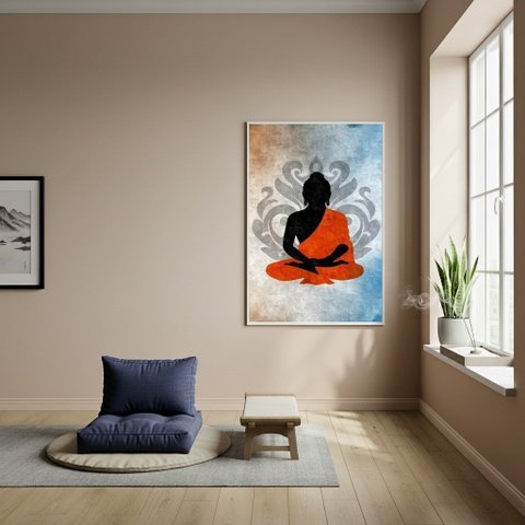Quadro Decorativo Silhueta Buda Meditando - 70x50cm:moldura Branca