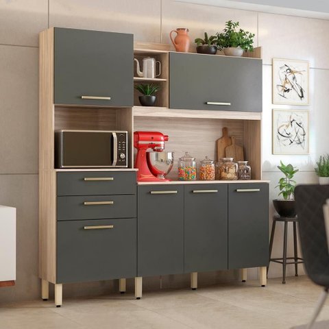 Cozinha Compacta Savoy 6 Portas 2 Gavetas 178cm Avena com Grafito Demóbile