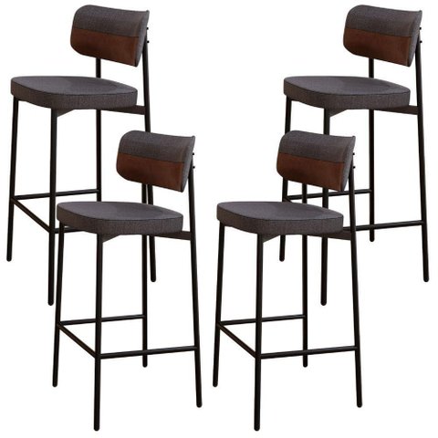 Kit 04 Banquetas Alta Bar Cozinha Sala de Jantar Aço Preto Kaira C01 Linho Preto Courino Whisky -