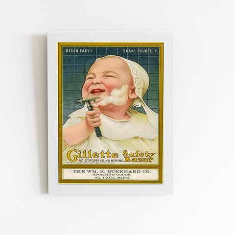 Quadro Barbearia Gillette Bebê Retro Moldura Branca 60x40cm
