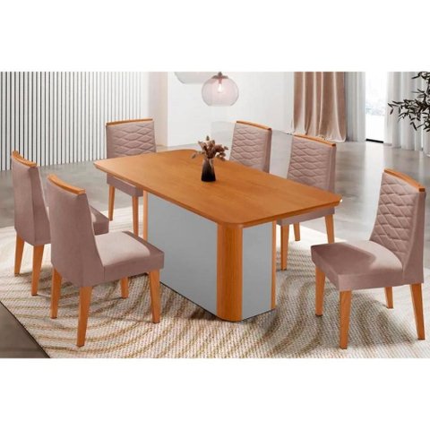 Sala Jantar Mesa Pietá Tampo Curvo 180cm+6 Cadeiras Maldivas Madeira Naturale/off White - Capuccino