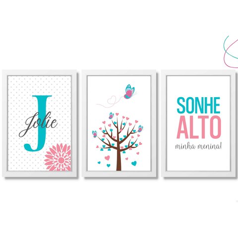 Kit 3 Quadros Decorativos - Borboletas:branca