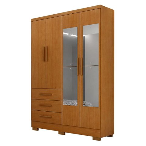 Guarda Roupa Casal Berlim 4 Portas 3 Gavetas com Espelho e Pés Cinamomo - Novo Horizonte