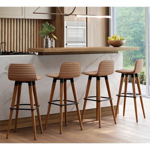 Kit 4 Banquetas Altas Luxo Linea Aço Preto Linho Terracota Base Carvalho