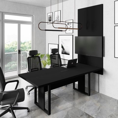 Mesa de Reunião Design Industrial 2,00 m com Caixa de Tomadas e Painel para TV F5 Office Cor:Preto