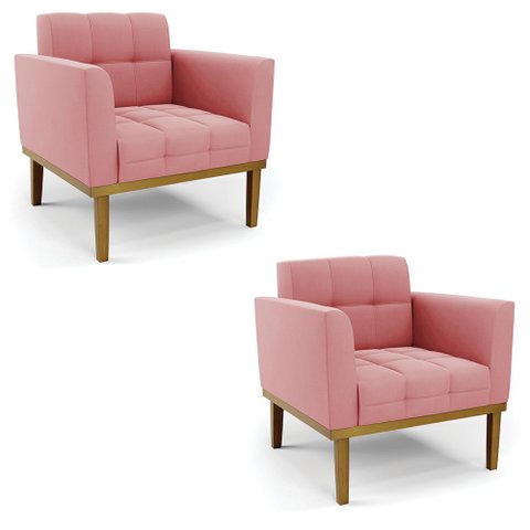 Kit 2 Poltronas Decorativas Karen Pés Fixo em Madeira Castanho Suede Rose G19 - Gran Belo