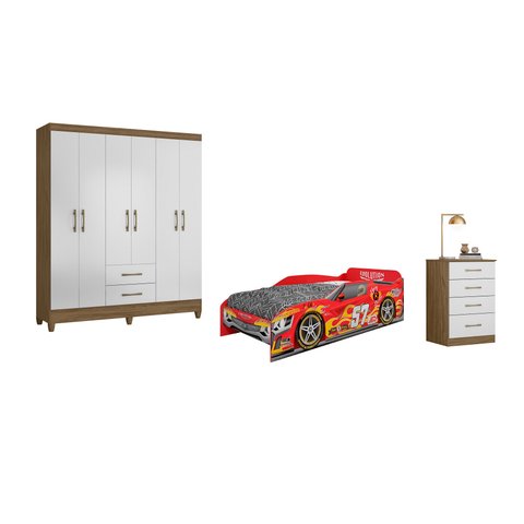 Quarto de Solteiro com Guarda-Roupas Cama Personalizada Carro e Cômoda - Móveis Leartam