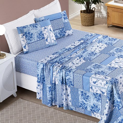 Jogo Lençol Casal 4 peças Estampado Bouti:Azul Sereno
