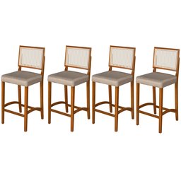 Kit 4 Banquetas Alta Roma Rattan Luxo Balcão Sacada Pés em Madeira Maciça Premium Banco Cor Bege - 1