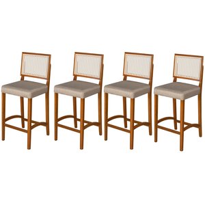 Kit 4 Banquetas Alta Roma Rattan Luxo Balcão Sacada Pés em Madeira Maciça Premium Banco Cor Bege