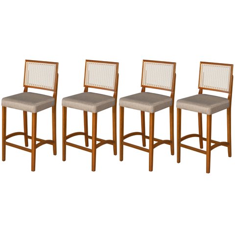 Kit 4 Banquetas Alta Roma Rattan Luxo Balcão Sacada Pés em Madeira Maciça Premium Banco Cor Bege