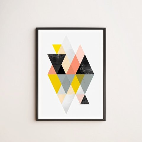 Quadro Geométrico Escandinavo Colorido 24x18cm - com vidro:Madeira branca