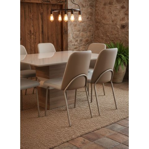 Kit 4 Cadeiras de Jantar Linho Areia com Courino Caramelo