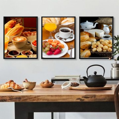 Kit 3 Quadros Decorativos Fotografias de Café da manhã 24x18cm:madeira Branca