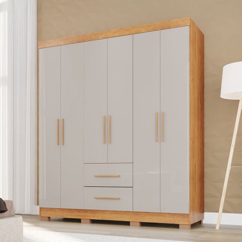 Guarda-roupa Casal Diamante 6 Portas 2 Gavetas com Pés Cinamomo/off White - Pnr Móveis