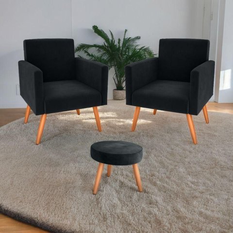 Jogo Poltronas e Puff Bianca Conjunto de Sala Veludo D20 Assento Encosto Bracos Preto