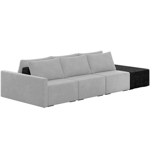 Sofá Ilha Modular para Sala 312cm com Puff Dublin K01 Veludo Cinza e Sintético Preto - Lyam Decor