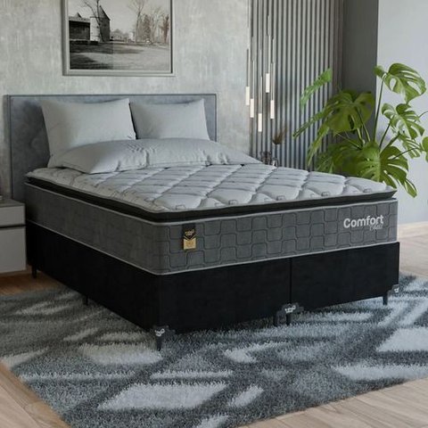 Cama Box Queen + Colchão Comfort Class Pillow Top 158x198cm Cinza/suede Preto