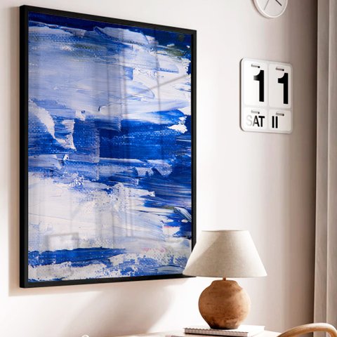 Quadro Decorativo Abstrato Mar Azul em Moldura Caixa Tacolado Moldura Trad 1cm Madeira Escura sem Vi