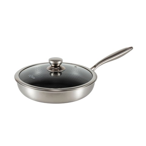 Frigideira Inox 20 Cm Anti-risco Indução Corpo Triplo com Tampa de Vidro