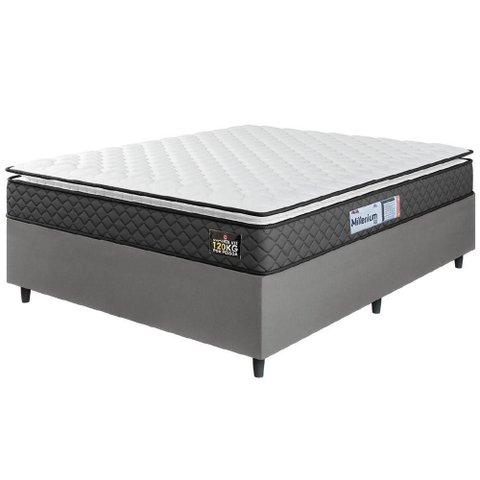 Cama Box Casal Queen Colchão Espuma D33 Pillow Top Millenium 158x198x57cm Suede Cinza/branco Hellen