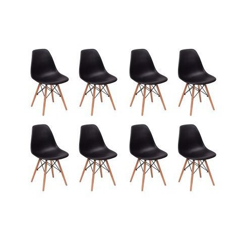 Kit 8 Cadeiras Charles Eames Eiffel Wood Base Madeira - Preta