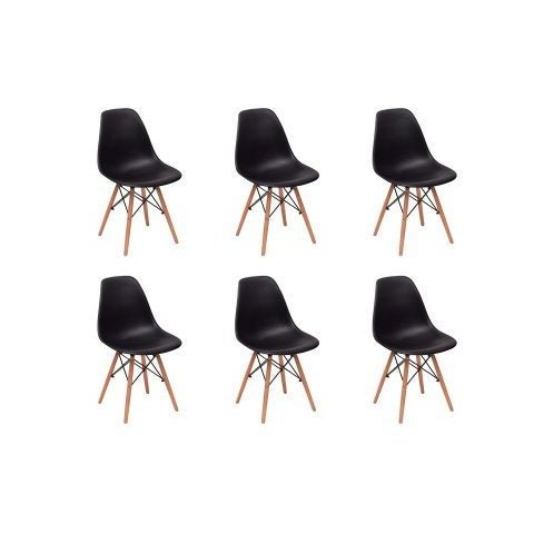 Kit 6 Cadeiras Charles Eames Eiffel Wood Base Madeira - Preta