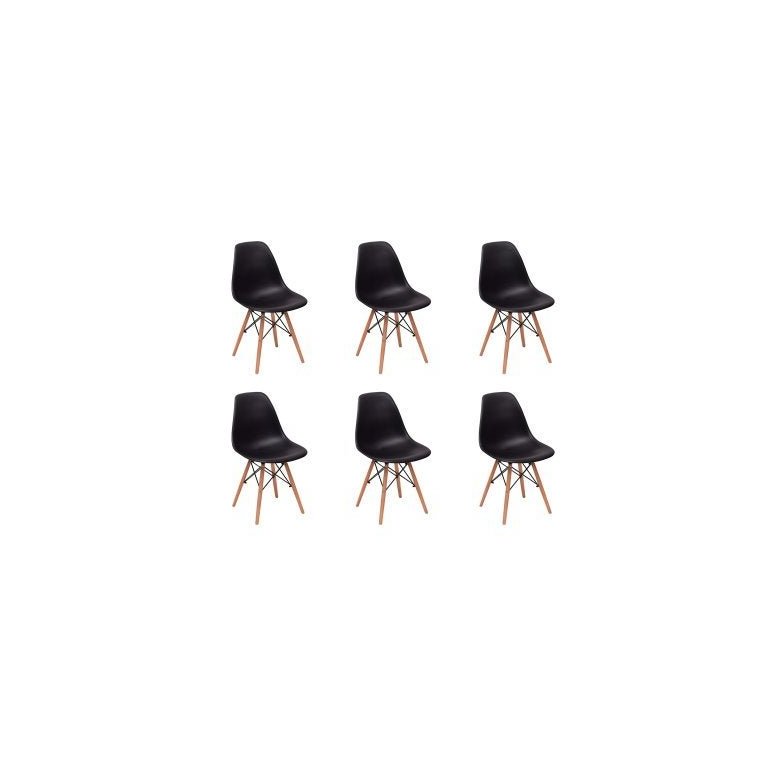 Kit 6 Cadeiras Charles Eames Eiffel Wood Base Madeira - Preta