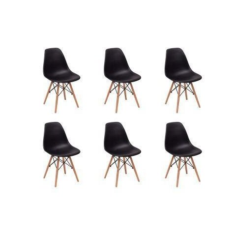 Kit 6 Cadeiras Charles Eames Eiffel Wood Preta Polipropileno Base Madeira
