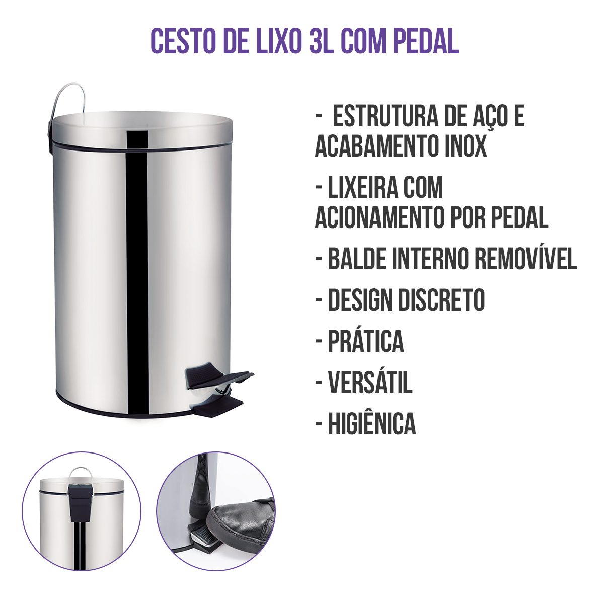 Lixeira 3 Litros Ágata com Pedal Mor - 3