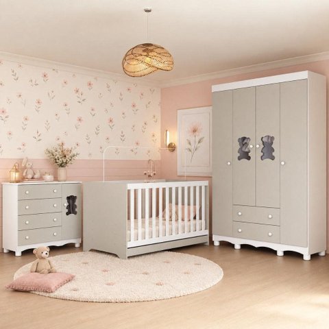 Quarto de Bebê Completo com Berço Americano 3 em 1 e Colchão Incluso Flor Multimóveis MP4929 Bco/Off